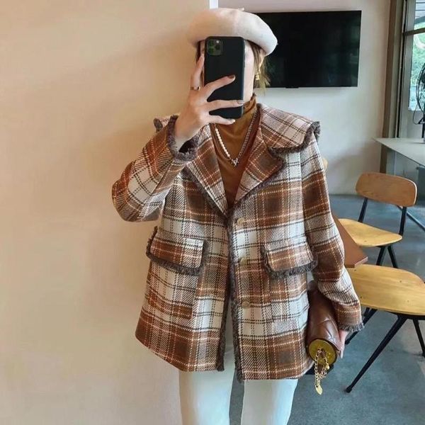 women's wool & blends spring and autumn retro french navy collar plaid coat fashion woolen, Black
women's wool & blends spring and autumn retro french navy collar plaid coat fashion woolen, Black