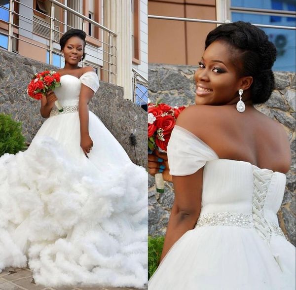 luxury ruffles wedding dresses bridal gown beaded waist off the shoulder tulle lace up back custom made plus size vestidos de novia, White
luxury ruffles wedding dresses bridal gown beaded waist off the shoulder tulle lace up back custom made plus size vestidos de novia, White
