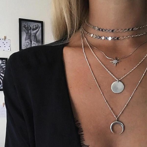 pendant necklaces bohemian fashion women necklace set star moon round chain multilayer long lady jewelry clothing accessories, Silver
pendant necklaces bohemian fashion women necklace set star moon round chain multilayer long lady jewelry clothing accessories, Silver