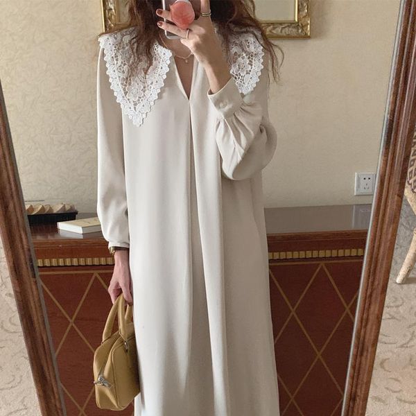 casual dresses women autumn beige long loose lace dress v neck straight full sleeve pullover maxi female, Black;gray
casual dresses women autumn beige long loose lace dress v neck straight full sleeve pullover maxi female, Black;gray