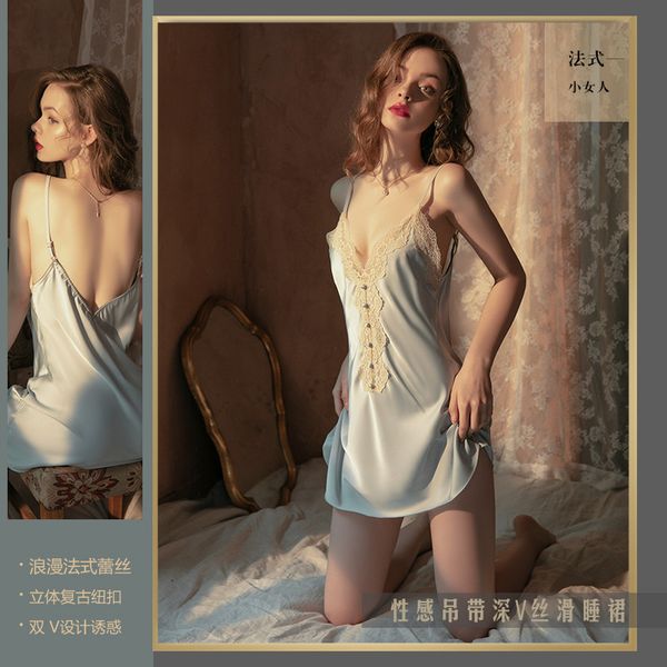 rose deep v lace pajamas satin backless suspender thin nightdress home suit 892, Black;white
rose deep v lace pajamas satin backless suspender thin nightdress home suit 892, Black;white