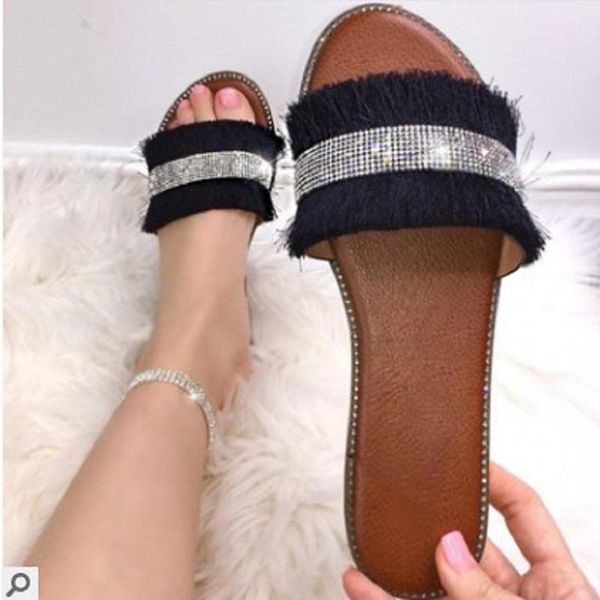 slippers summer flat women beach sandals fringe crystal open toe ladies shoes outdoor female slides black white flip flops 
slippers summer flat women beach sandals fringe crystal open toe ladies shoes outdoor female slides black white flip flops