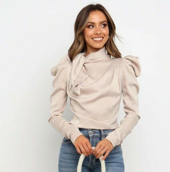 fashion satin bow neck women shirts long sleeve elegant office blusas s xl, White 
fashion satin bow neck women shirts long sleeve elegant office blusas s xl, White