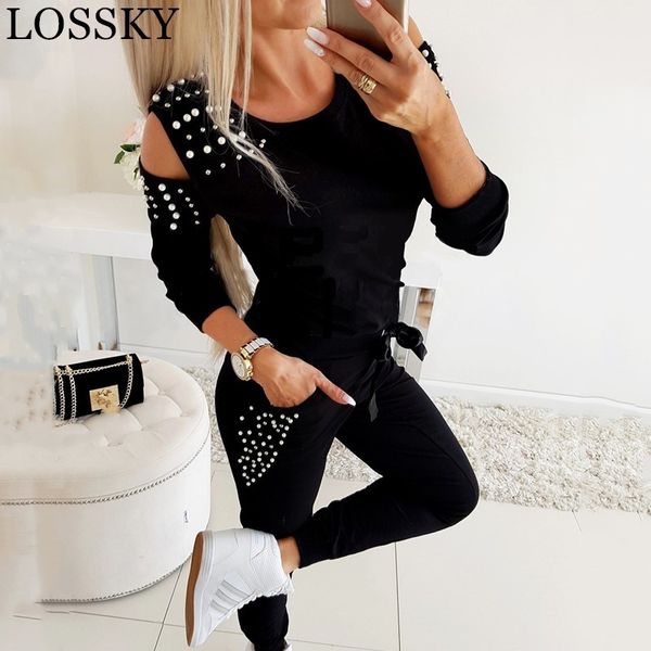 autumn black blue 2 piece set women's tracksuit casual beading cold shooulder sport femme pants trousers two suit 210520, White
autumn black blue 2 piece set women's tracksuit casual beading cold shooulder sport femme pants trousers two suit 210520, White