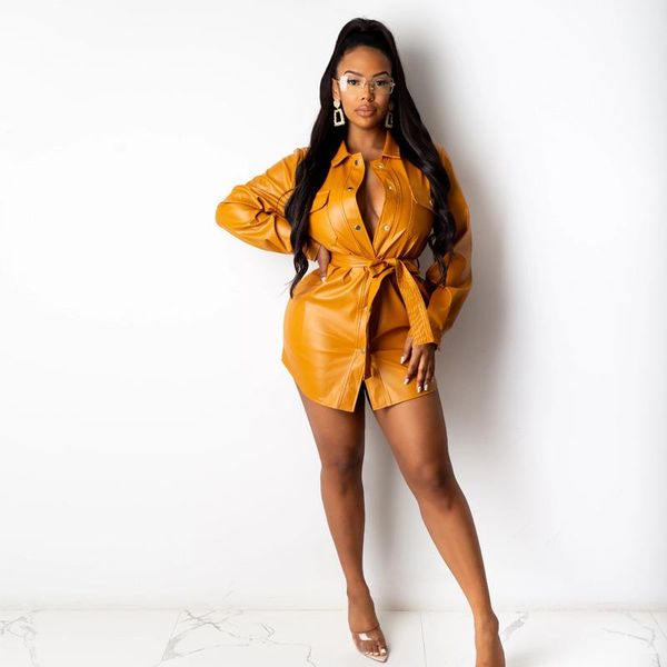 casual dresses european and american plus size 4xl women's fall/winter style long-sleeved lapel waist pu leather dress clothes, Black;gray 
casual dresses european and american plus size 4xl women's fall/winter style long-sleeved lapel waist pu leather dress clothes, Black;gray