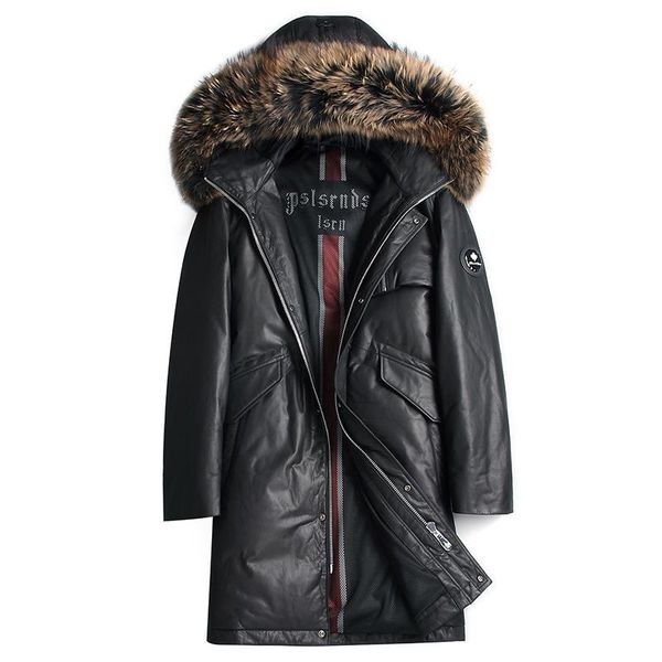 men's leather & faux layer cowhide large profile mid-length down parka hooded raccoon fur collar genuine coat for men, Black
men's leather & faux layer cowhide large profile mid-length down parka hooded raccoon fur collar genuine coat for men, Black