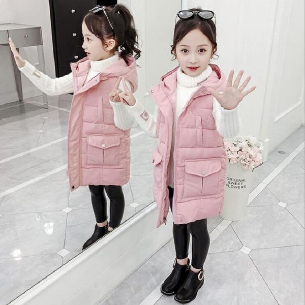 winter 4-12girls vests childrens outwear hooded thicken long solid color sleeveless waistcoats for teenage toddler clothes, Camo