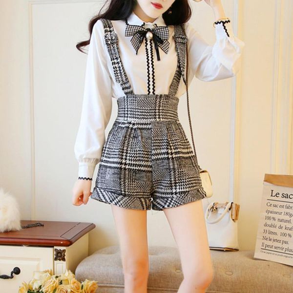 two piece dress sweet bow pearl chiffon white blouse shirt+plaid wool suspender short set 2piece outfits for women wide leg pant
two piece dress sweet bow pearl chiffon white blouse shirt+plaid wool suspender short set 2piece outfits for women wide leg pant