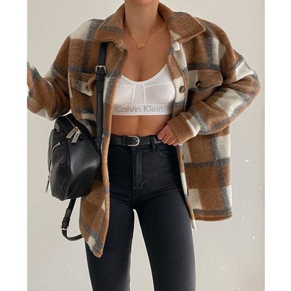 vintage stylish pockets oversized plaid jacket coat women 2021 fashion lapel collar long sleeve loose outerwear chic women's jackets, Black;brown
vintage stylish pockets oversized plaid jacket coat women 2021 fashion lapel collar long sleeve loose outerwear chic women's jackets, Black;brown