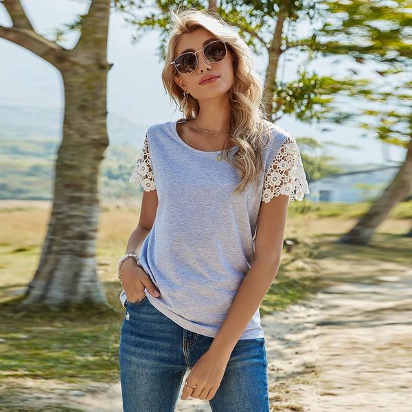 women's t-shirt ladies slim solid color pullover loose round neck lace short sleeve clothing camisetas, White
women's t-shirt ladies slim solid color pullover loose round neck lace short sleeve clothing camisetas, White