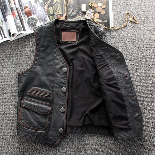 men's vests 2021 dark brown retro style genuine leather vest men plus size 5xl real natural cowhide spring slim fit short casual coat, Black;white
men's vests 2021 dark brown retro style genuine leather vest men plus size 5xl real natural cowhide spring slim fit short casual coat, Black;white