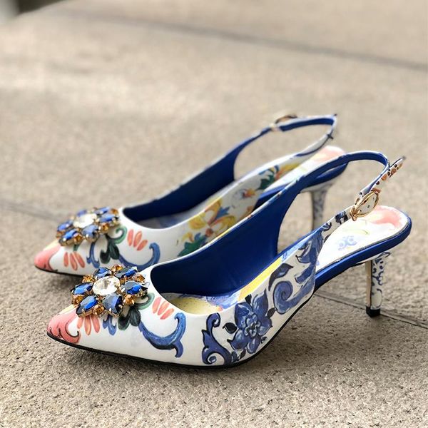 female floral printed leather rhinestone pumps kitten heels blue crystal flower pointed toe high-heeled back strap sandals dress shoes, Black
female floral printed leather rhinestone pumps kitten heels blue crystal flower pointed toe high-heeled back strap sandals dress shoes, Black