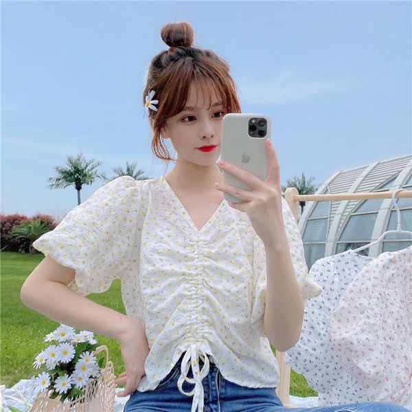women's t-shirt summer 2021 small fresh v-neck drawstring floral slim age reducing foreign style short sleeve shirt top, White
women's t-shirt summer 2021 small fresh v-neck drawstring floral slim age reducing foreign style short sleeve shirt top, White