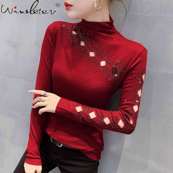 women's t-shirt spring fall european clothes girl fashion hollow out shiny diamonds cotton women pullover stretchy tees, White
women's t-shirt spring fall european clothes girl fashion hollow out shiny diamonds cotton women pullover stretchy tees, White