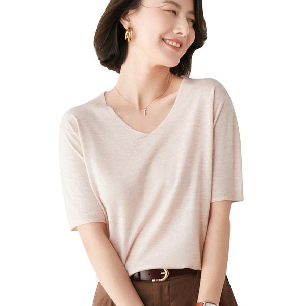 women's t-shirt spring/summer 2021 short-sleeved knitted fashion loose simple v-neck knitwear bottom half-sleeved, White
women's t-shirt spring/summer 2021 short-sleeved knitted fashion loose simple v-neck knitwear bottom half-sleeved, White