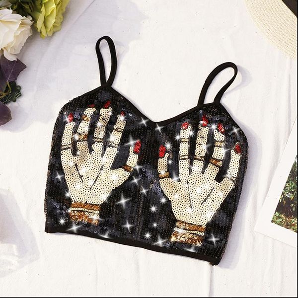 women tank fashion crop summer beaded sequins spaghetti strap black short t shirt woman top, White
women tank fashion crop summer beaded sequins spaghetti strap black short t shirt woman top, White