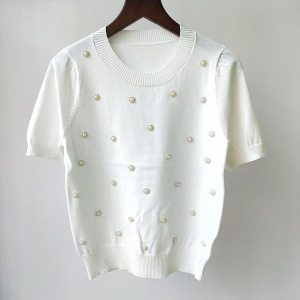 pearl beads ice silk knitted shirt 2021 summer o-neck short t-shirt slim fashion ol office lady women's, White
pearl beads ice silk knitted shirt 2021 summer o-neck short t-shirt slim fashion ol office lady women's, White