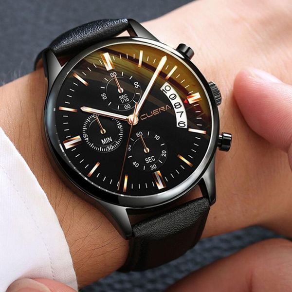 

wristwatches cuena men watches men's luxury sport stainless steel case leather band quartz analog wrist watch relogio masculino, Slivery;brown