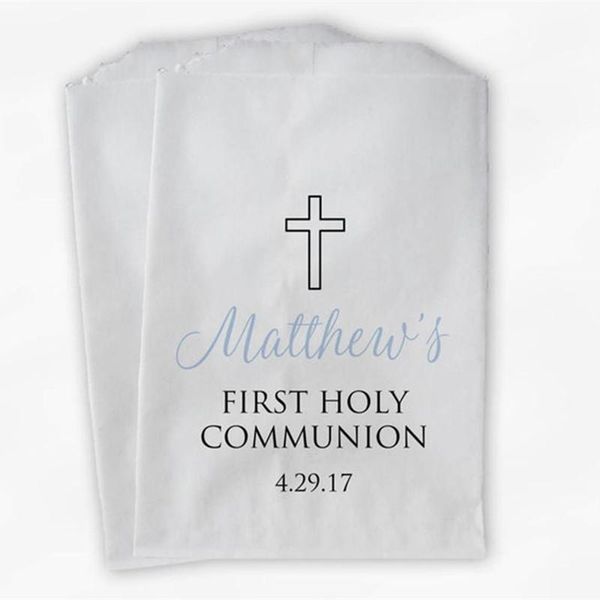 gift wrap custom first communion favor bags - baptism or religious party light blue and black paper treat
gift wrap custom first communion favor bags - baptism or religious party light blue and black paper treat