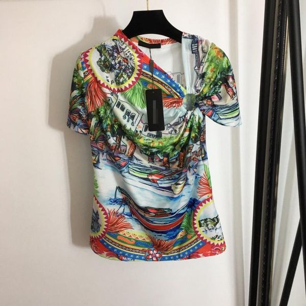 women's t-shirt retro chic print design metal button irregular short-sleeved casual fashion summer ladies clothes, White
women's t-shirt retro chic print design metal button irregular short-sleeved casual fashion summer ladies clothes, White