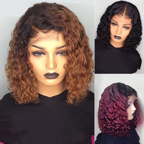 

1B/99J Burgundy Red 13x4 Brazilian Full Wigs Pre Plucked Ombre Brown Short Bob Kinky Curly Synthetic Lace Front Wig 150 Density, Black color