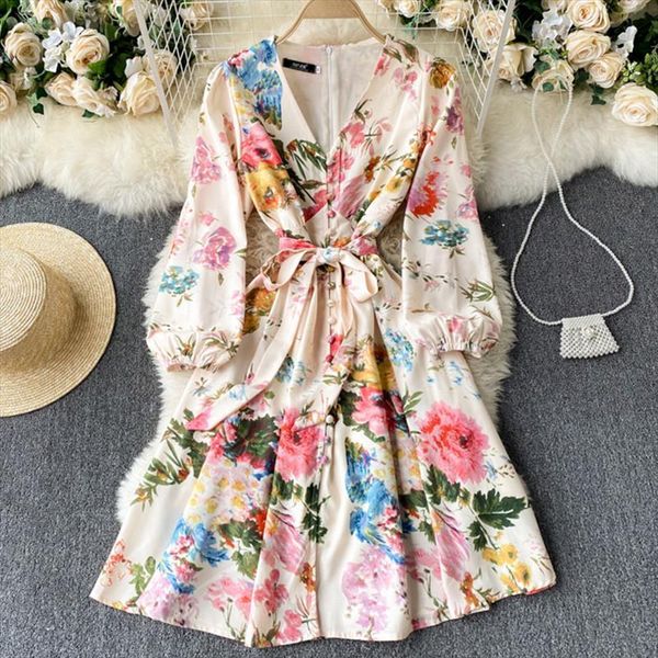 spring autumn elegant v neck women dress puff sleeve floral print casual button sash tie up seaside beach, Black;gray
spring autumn elegant v neck women dress puff sleeve floral print casual button sash tie up seaside beach, Black;gray