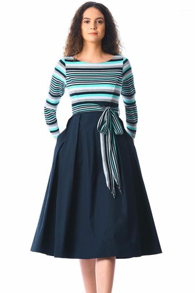 casual dresses 2021 arrival autumn women's light blue navy yellow striped poplin sash tie midi dress, Black;gray