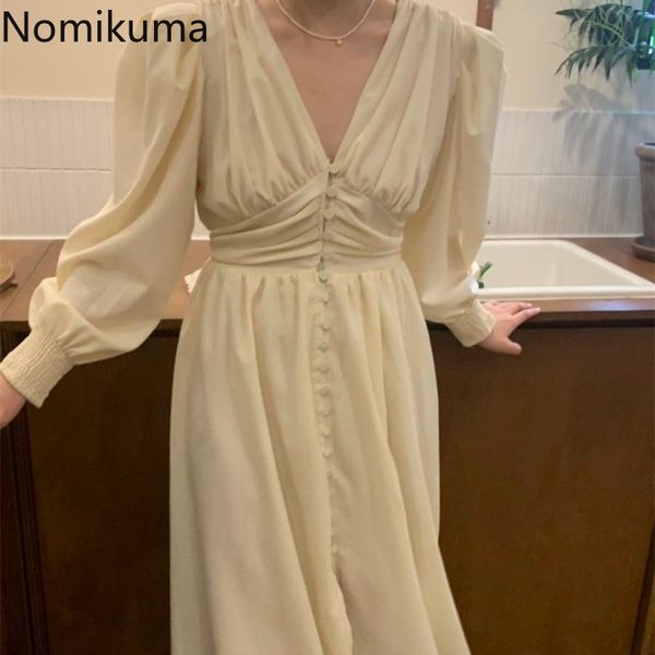 nomikuma spring vintage elegant women dress puff sleeve pleated buttons v-neck vestidos spring high waist dresses 6f460 210427, Black;gray
nomikuma spring vintage elegant women dress puff sleeve pleated buttons v-neck vestidos spring high waist dresses 6f460 210427, Black;gray