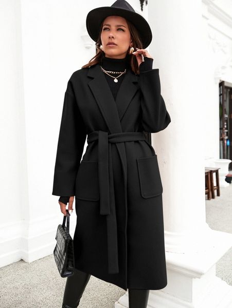 lapel neck dual pocket drop shoulder belted overcoat l1j4#, Black 
lapel neck dual pocket drop shoulder belted overcoat l1j4#, Black