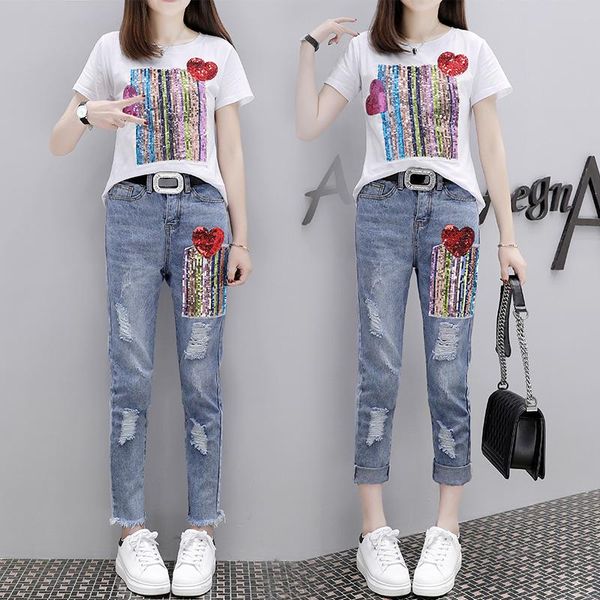 summer female european goods paillette printing short sleeve t-shirt ripped jeans two suits women's piece pants, White
summer female european goods paillette printing short sleeve t-shirt ripped jeans two suits women's piece pants, White