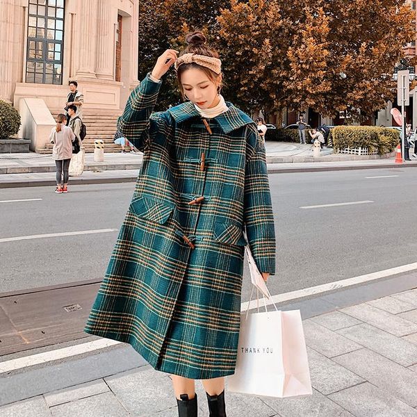 women's wool & blends woolen coat winter korean loose horn buckle cloak-style thick green plaid stitching fashion casual quality jacket, Black
women's wool & blends woolen coat winter korean loose horn buckle cloak-style thick green plaid stitching fashion casual quality jacket, Black