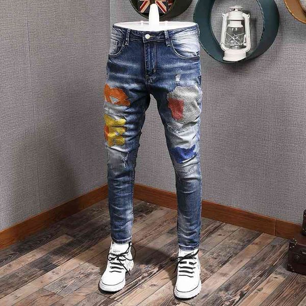 men's jeans korean style fashion men elastic slim fit ripped denim pencil pants patches embroidery hip hop long trous, Blue
men's jeans korean style fashion men elastic slim fit ripped denim pencil pants patches embroidery hip hop long trous, Blue