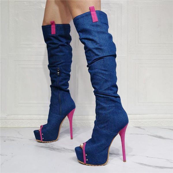 boots peep toe summer platform women's suede denim long knee high booties pink sandals shoes, Black
boots peep toe summer platform women's suede denim long knee high booties pink sandals shoes, Black