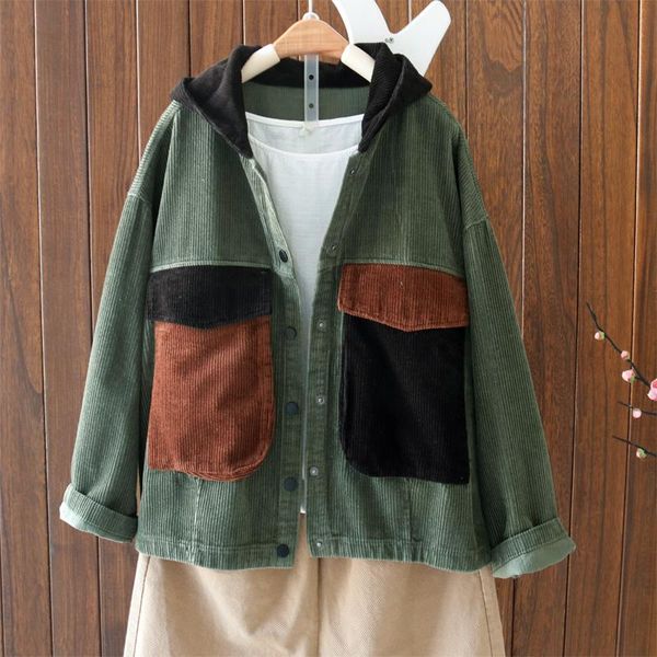 women's jackets art retro casual hooded corduroy jacket women loose outwear coverd button 2021 autumn contrast color big pockets short, Black;brown
women's jackets art retro casual hooded corduroy jacket women loose outwear coverd button 2021 autumn contrast color big pockets short, Black;brown