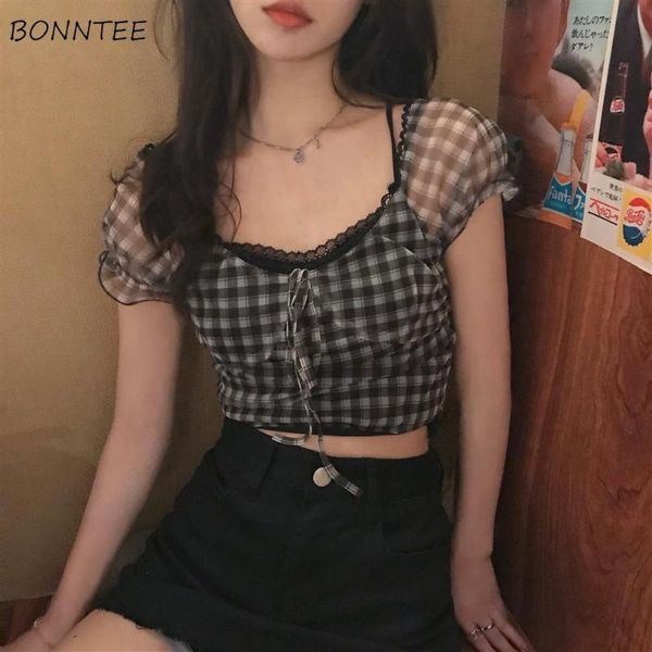 women's blouses & shirts women vintage black plaid crop navel slim japanese stylish all-match thin summer harajuku ladies qu, White
women's blouses & shirts women vintage black plaid crop navel slim japanese stylish all-match thin summer harajuku ladies qu, White