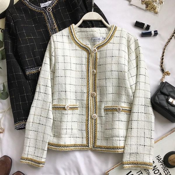 

women's jackets 2021 fashion elegant autumn plaid short coat female gold thread slim chic outwear lady suit tweed jacket qt97, Black;brown