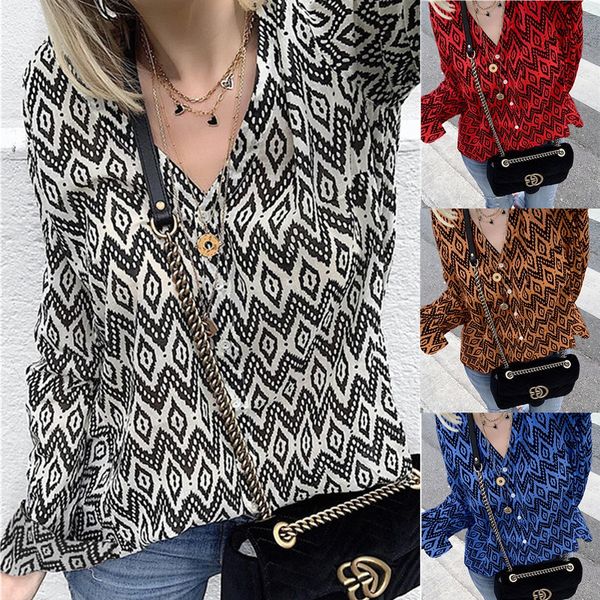 2021 european and american fashion diamond print v-neck button long sleeve shirt, White
2021 european and american fashion diamond print v-neck button long sleeve shirt, White