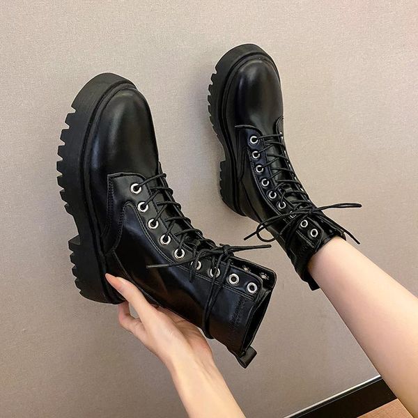 boots 2021 combat women white leather motorcycle mid heeled gothic shoes fashion black ankle