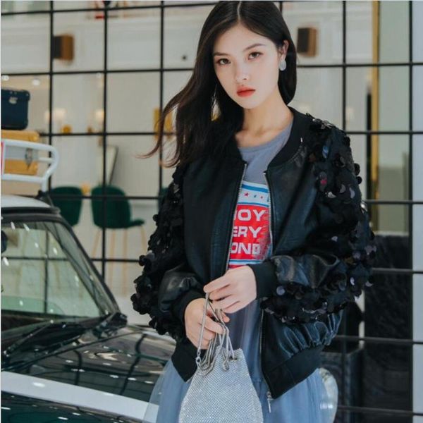 women's leather & faux sequined women pu jackets 2021 autumn winter fashion full sleeve zipper casual style female coats gx927, Black
women's leather & faux sequined women pu jackets 2021 autumn winter fashion full sleeve zipper casual style female coats gx927, Black