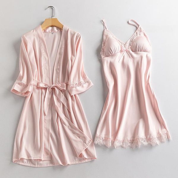 women's sleepwear pink lace 2pcs kimono robe set satin women intimate lingerie home clothing summer casual nightwear bathrobe gown, Black;red
women's sleepwear pink lace 2pcs kimono robe set satin women intimate lingerie home clothing summer casual nightwear bathrobe gown, Black;red