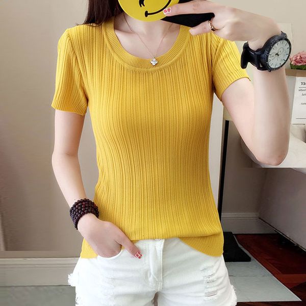 women's t-shirt summer short sleeve slim knitted women classic solid solor elastic knitwear casual korean o-neck jumper tee f, White
women's t-shirt summer short sleeve slim knitted women classic solid solor elastic knitwear casual korean o-neck jumper tee f, White