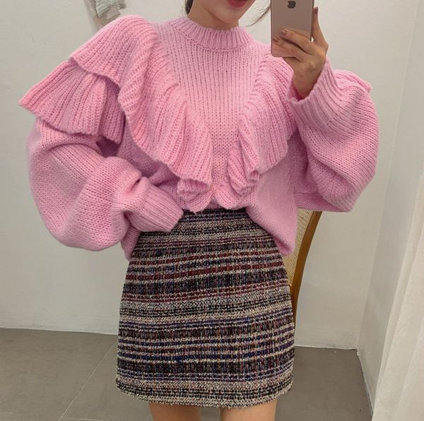 llzacoosh korean chic pink knitted pullover jumper fashion autumn winter ruffles lantern sleeve oversize loose warm sweater 210514, White;black
llzacoosh korean chic pink knitted pullover jumper fashion autumn winter ruffles lantern sleeve oversize loose warm sweater 210514, White;black