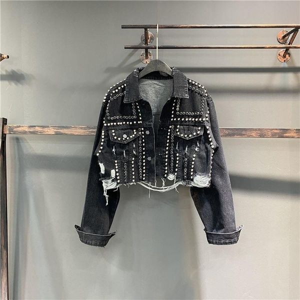 women's jackets beading rivets denim jacket 2021 spring autumn women korean fashion short single-breasted turndown collar jean coat y39, Black;brown
women's jackets beading rivets denim jacket 2021 spring autumn women korean fashion short single-breasted turndown collar jean coat y39, Black;brown