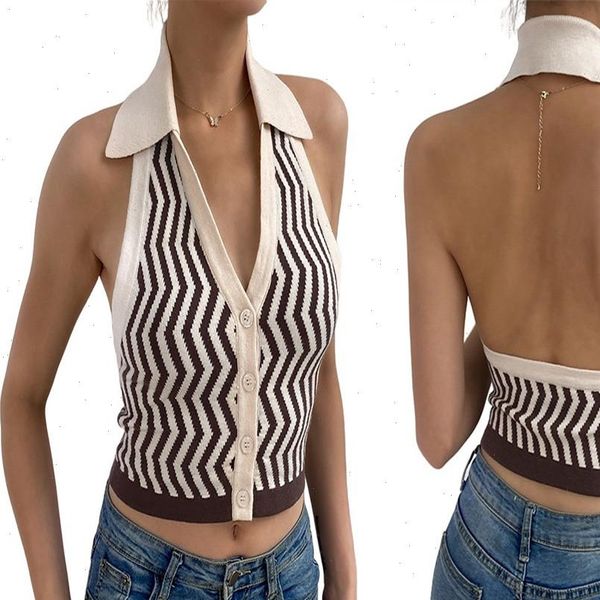 ins summer backless women cami brown striped y2k crop halter knit vest female fashion slim button streetwear, White
ins summer backless women cami brown striped y2k crop halter knit vest female fashion slim button streetwear, White