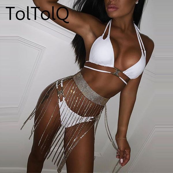 two piece dress silver shiny crystal diamonds outfits halter hollow out backless sleeveless crop tassel skirts women club 2 set, White
two piece dress silver shiny crystal diamonds outfits halter hollow out backless sleeveless crop tassel skirts women club 2 set, White