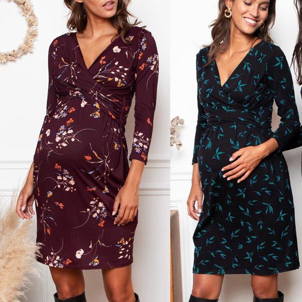autumn pregnant dresses womens long sleeve wrap maternity bodycon v-neck print floral dress ladies pregnacy nursing clothing, White