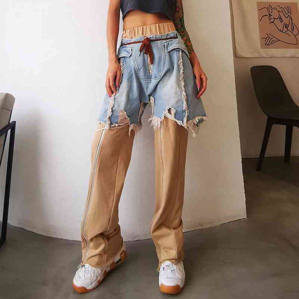 wide leg streetwear fashionable shredded tide cut hole jeans for women's high waist rentals up, Blue
wide leg streetwear fashionable shredded tide cut hole jeans for women's high waist rentals up, Blue