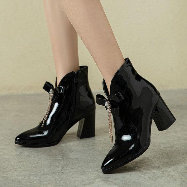 boots women patent leather square high heel ankle cute bow knot fringe short autumn winter pointed toe zipper lady shoes, Black
boots women patent leather square high heel ankle cute bow knot fringe short autumn winter pointed toe zipper lady shoes, Black