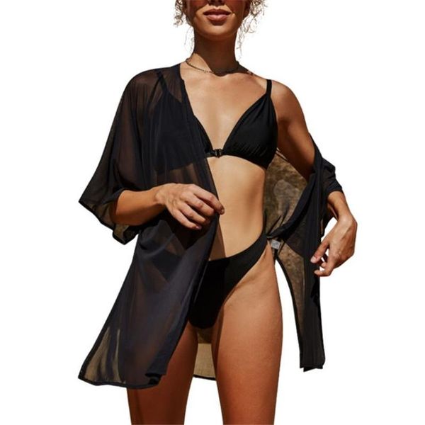 women's swimwear female bikini cover ups solid color half sleeve cardigan smock see-through blouse women black up beachwear, White;black
women's swimwear female bikini cover ups solid color half sleeve cardigan smock see-through blouse women black up beachwear, White;black