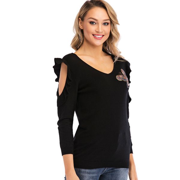 fashion sweater women's loopholes 9-sleeve butterfly sequin v-neck pullover, White;black
fashion sweater women's loopholes 9-sleeve butterfly sequin v-neck pullover, White;black